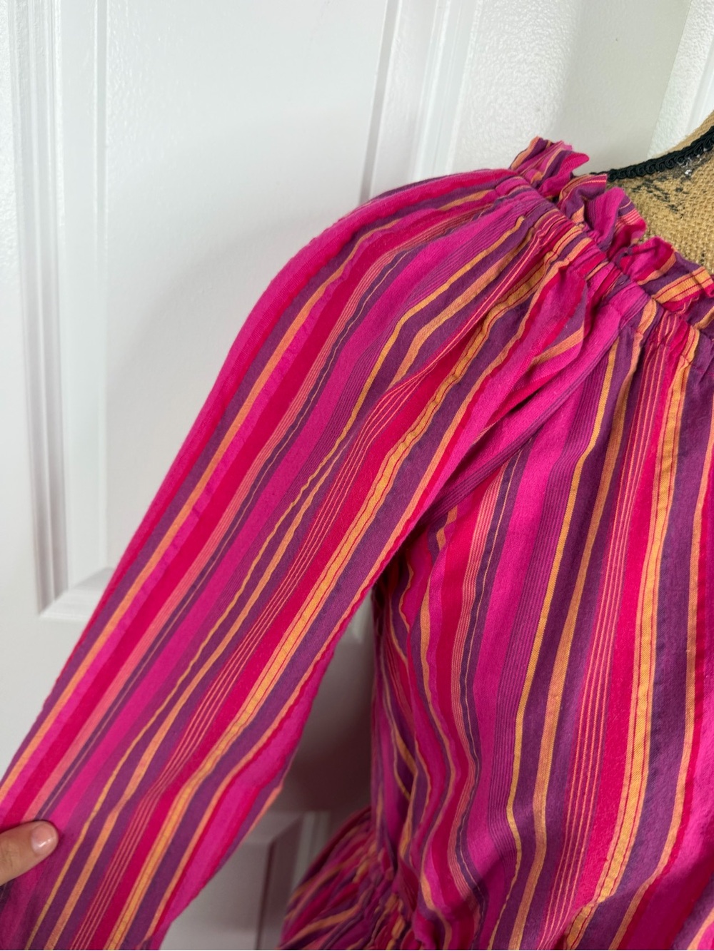 BURU Size S Pink Striped Cotton Long Sleeve Tiered Mini Dress - Picture 6 of 11